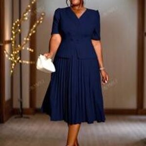 Two Pleated Mid-Length ElegantDress, , Office, Formal, Casual, Daily Wear